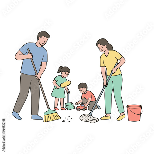 A family of four is cleaning together with brooms and a bucket indoors.