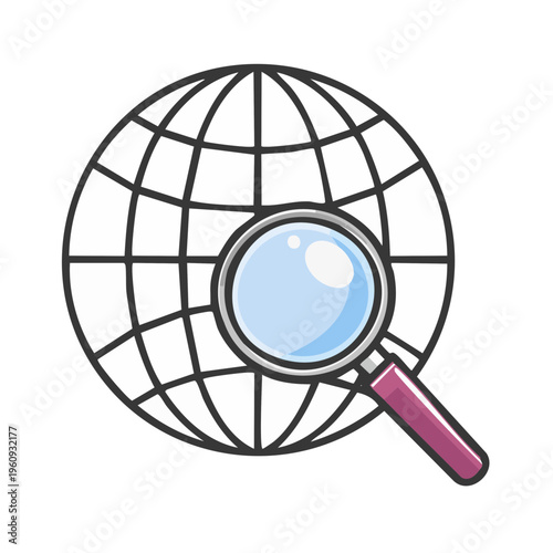 Magnifying glass examining a stylized globe representing global search and discovery