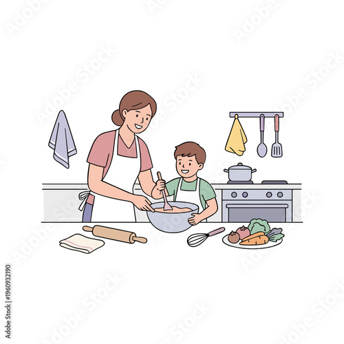 Mother and son preparing food together in a kitchen setting