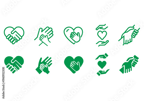 Charity hands icon set. Donation and aid symbol. Friendship logo. Vector illustration.