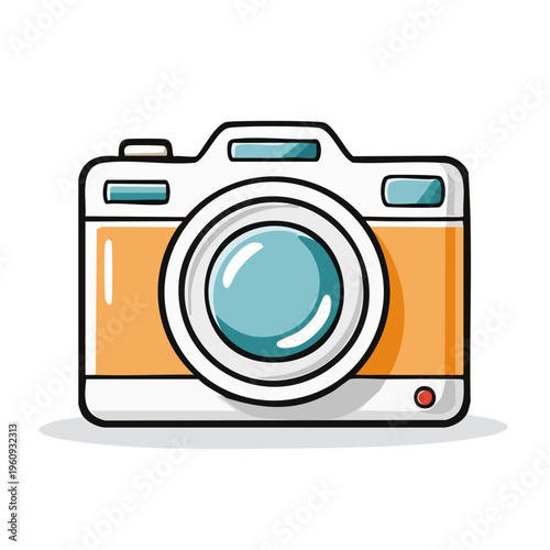 Retro cartoon camera with orange body and blue lens, isolated on white background