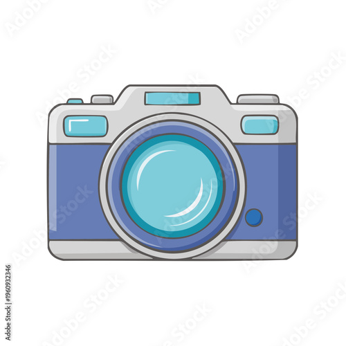Simple Cartoon Camera with Blue Body and Grey Top, Isolated on White