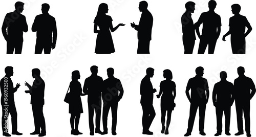 Silhouette illustrations of people in pairs and groups communicating, vector art for social interaction, teamwork, discussion, and communication themes