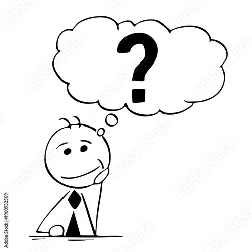A cartoon man in a suit with a thought bubble and question mark