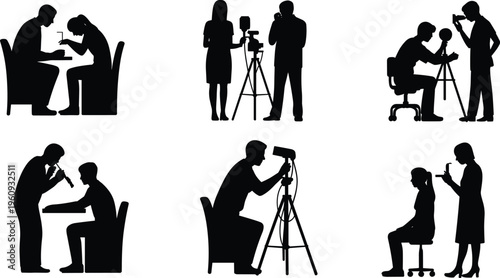 Silhouette illustrations of people observing and examining with magnifying glass, camera, telescope, and flashlight, vector art for science and inspection themes