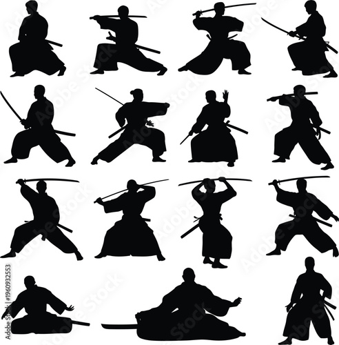 Silhouette of Samurai Warriors in Various Martial Arts Poses with Swords  
