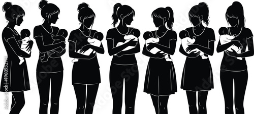 Silhouette illustration of women holding babies, symbolizing motherhood, nurturing care, maternal love, family bonding, and parental affection
