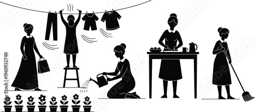 Silhouette illustration of women performing household chores including shopping, laundry, watering plants, cooking, and sweeping in domestic lifestyle scene