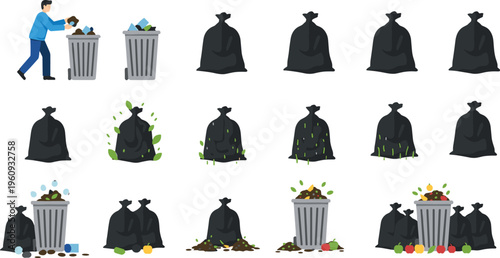 Sequence of garbage disposal and decomposition process showing trash bags, organic waste, overflowing bins, and environmental pollution impact illustration