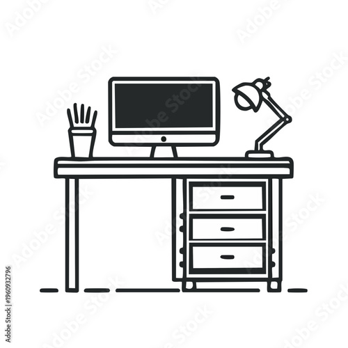 Minimalist line art desk with computer monitor desk lamp and pen holder
