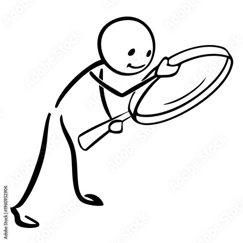 A cartoon character holding a magnifying glass with a smile