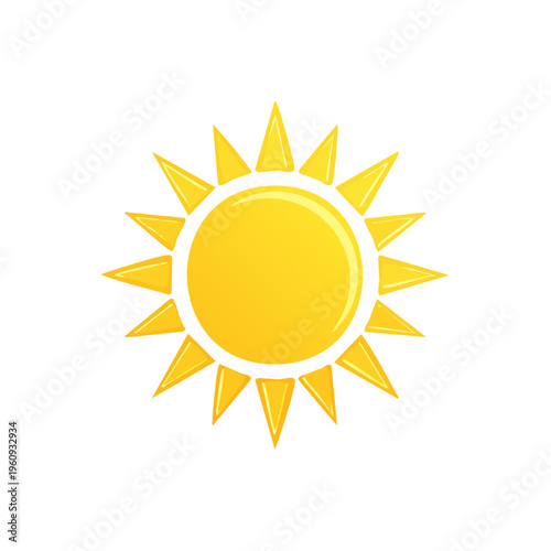 Bright yellow sun with pointy rays radiating outward, isolated on white