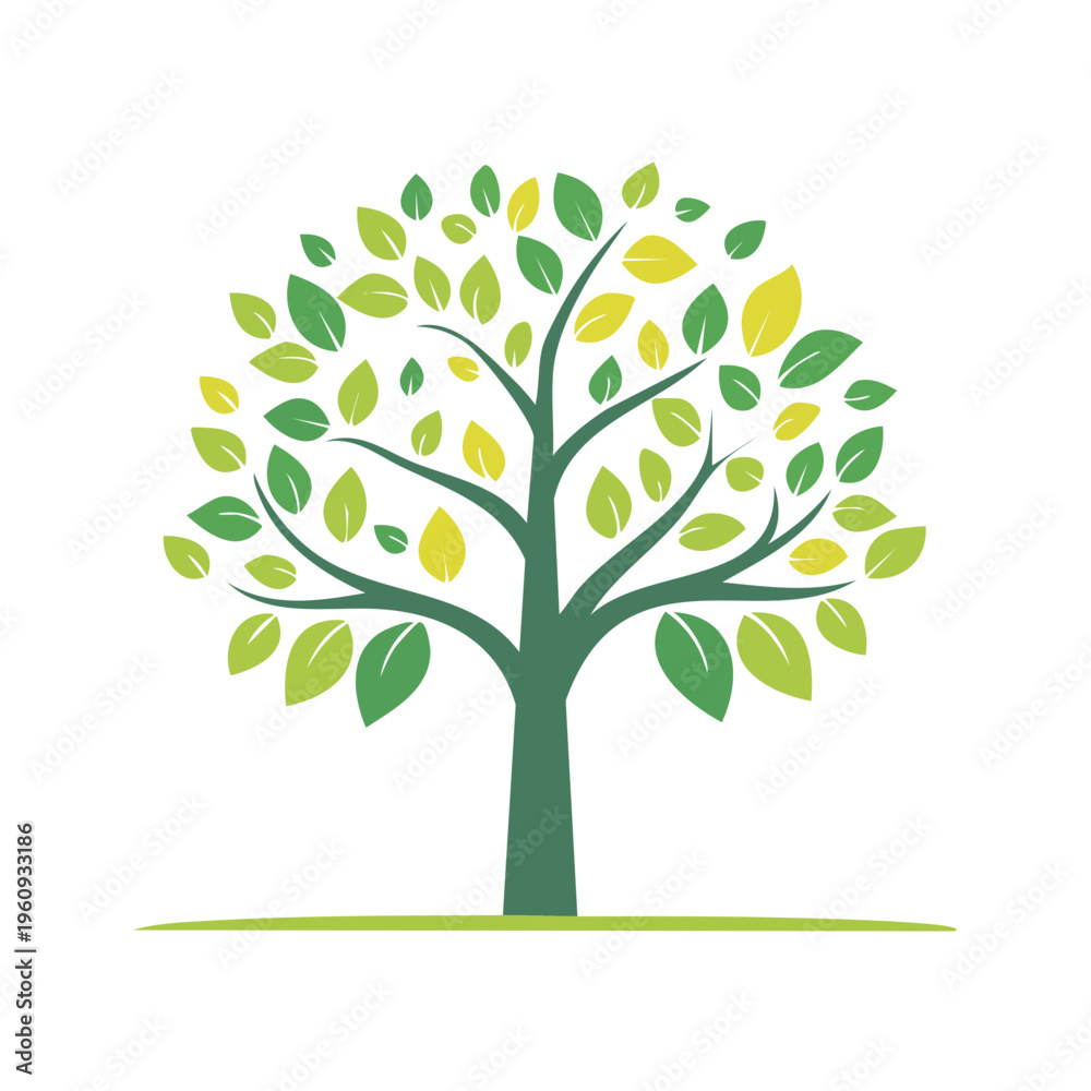 Obraz premium Stylized Green Tree with Yellow and Green Leaves Simple Illustration