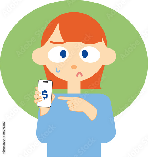 worried woman using smartphone money problem with background illustration