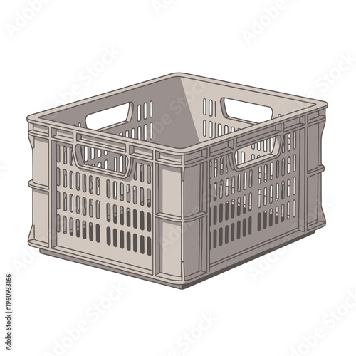 Gray Plastic Crate with Handles Illustration.