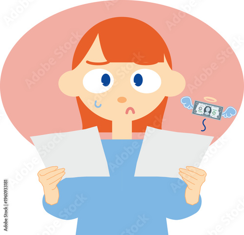 worried woman with document financial problem with background illustration