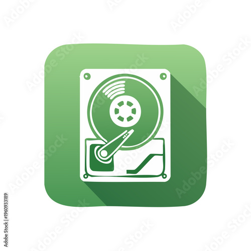 Illustration of a white hard drive disk with a long shadow on a green background