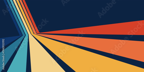 Abstract retrofuturism 70s background with rainbow wave stripes, vintage wavy lines, colorful retro vector pattern, 3D perspective striped wallpaper 