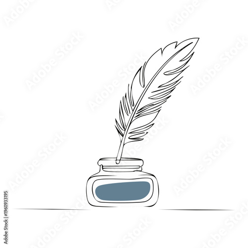 Single line drawing of a quill pen resting in an inkwell with a blue ink label