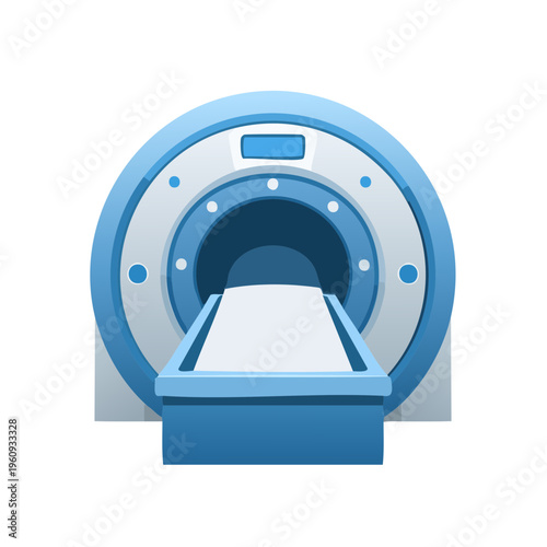Medical MRI scanner machine with examination bed for diagnostics and imaging