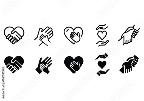 Charity hands icon set. Donation and aid symbol. Friendship logo. Vector illustration.