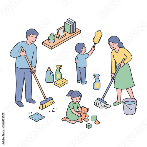 Family cleaning together at home with brooms and supplies