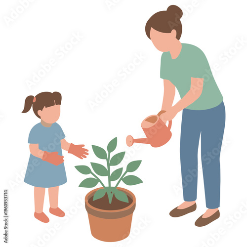 Woman waters plant with child wearing gloves standing beside potted green plant.
