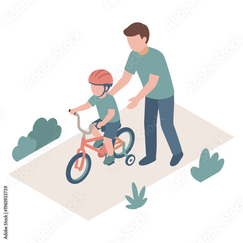 Father teaches young boy riding bicycle on pathway in park