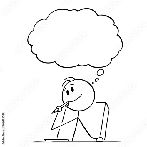 A cartoon stick figure thinking and writing at a desk