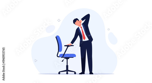 Businessman stretching neck and shoulders next to office chair, healthy work concept