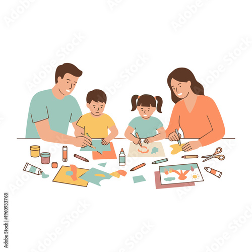 Family with children engaged in arts and crafts activity at home table