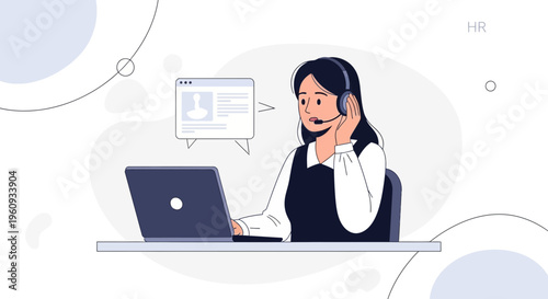 Customer service operator with headset and laptop, online communication and support