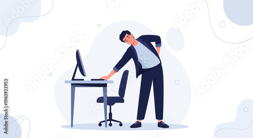 Man stretching back at office desk, back pain, office worker health, ergonomic posture