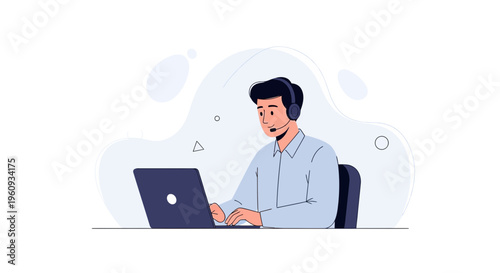 Man with headset working on laptop, customer service, online support, remote work concept