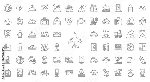 Large Set of Travel and Transportation Line Icons: Vector Collection featuring Tourism, Aviation, Luggage, Hotel, and Camping Symbols for Web Design and Apps.