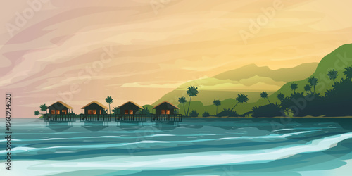 a tropic sunset over water bungalows silhouettes