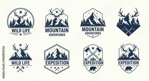 Set of Vintage Mountain Adventure and Outdoor Expedition Logos. Retro Wilderness Emblems with Deer Antlers, Bear, Axes, and Pine Trees for Camping and Hiking Branding.