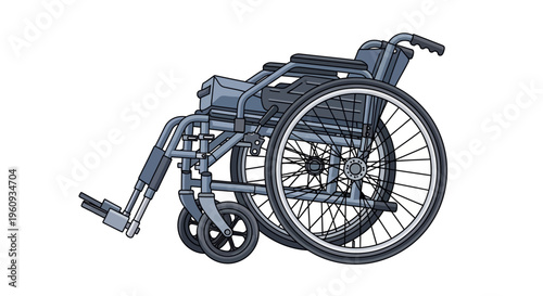 Wheelchair with large rear wheels and footrest.