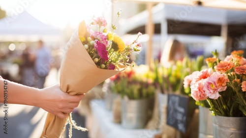 Close-up of a hand reaching for a bright bundle of fresh-cut flowers at an outdoor farmers market stall, the bouquet wrapped in brown kraft paper and tied with twine, other flower