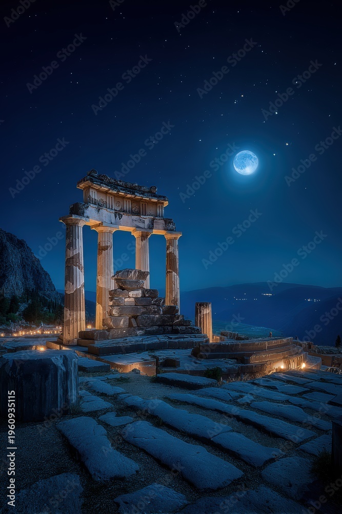 Fototapeta premium Space universe exploration, fantasy. A nighttime photograph of an ancient temple complex. The temple is illuminated by the moonlight, casting a soft glow on its pillars and stone structures.
