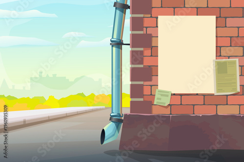 urban brick wall with posters sunny day