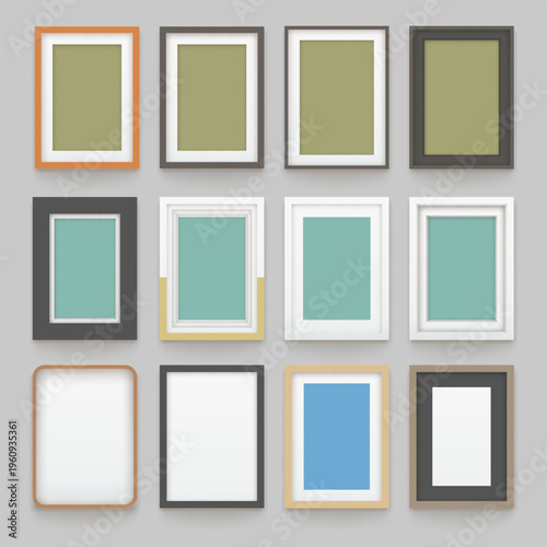 various photo frames in set on grey