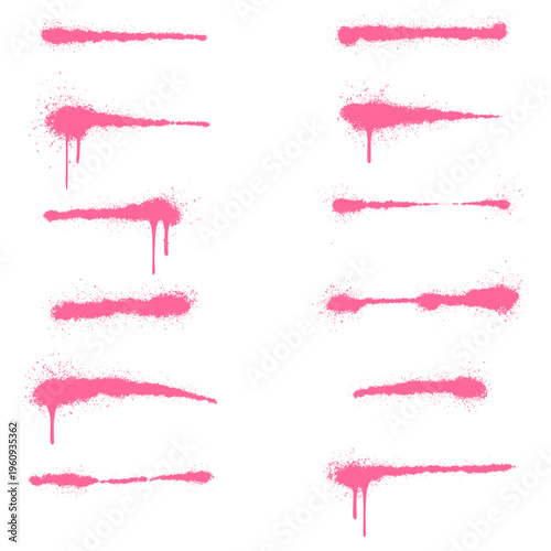 Large Set of Twelve Pink Graffiti Spray Paint Brush Lines with Various Aerosol Drip and Splatter Styles.