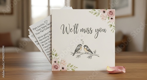 Farewell Card with Birds and Floral Design on Wooden Table.