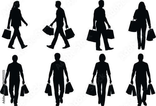 Silhouette of eight people carrying shopping bags in various walking poses representing retail, consumer lifestyle, commerce, and urban activity