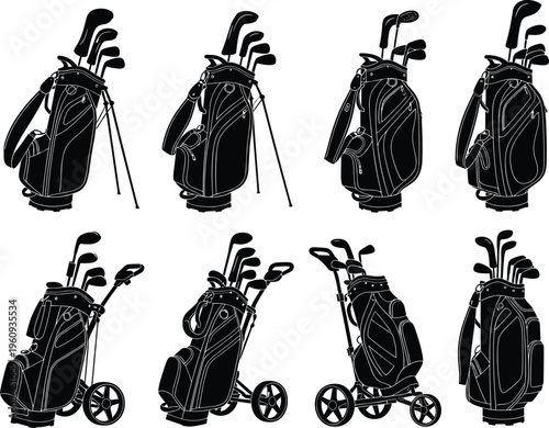 Silhouette of eight golf bags with clubs on stands and carts representing sports equipment, golfing gear, and recreational activity