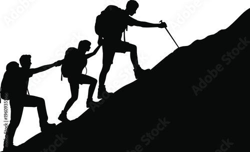 Silhouette of four hikers climbing steep slope with backpacks and walking stick, teamwork and outdoor adventure symbolizing perseverance and collaboration