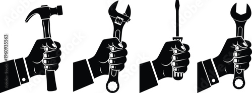 Silhouette of hands holding hammer, wrench, screwdriver, and spanner tools symbolizing labor, repair, craftsmanship, and mechanical industry work