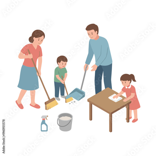 Family cleaning together house with brooms and bucket indoors