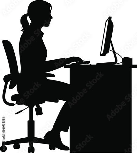 Silhouette of person working at computer desk, office chair posture, digital engagement concept, modern workplace ergonomics illustration